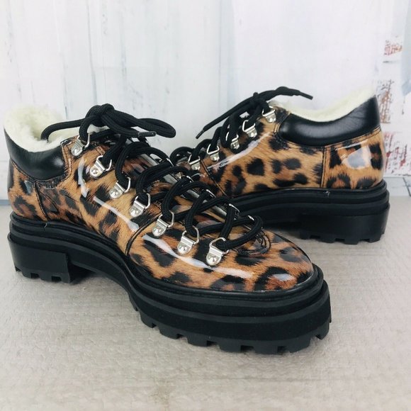 Schutz Lucille Vernizes Leopard Faux Sherling Lined Lace Up Booties - Picture 1 of 7